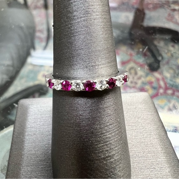 14k White Gold Diamond & Ruby Band Ring - Picture 2 of 8